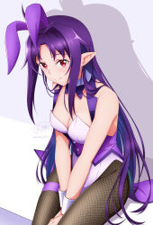 Rule 34 | 1girl, animal ears, bare shoulders, bow, bowtie, breasts, brown pantyhose, closed mouth, collarbone, fake animal ears, fishnet pantyhose, fishnets, highres, ken-ji, large breasts, leotard, long hair, pantyhose, playboy bunny, pointy ears, purple bow, purple bowtie, purple hair, rabbit ears, red eyes, shadow, sitting, smile, solo, sword art online, white leotard, wrist cuffs, yuuki (sao)