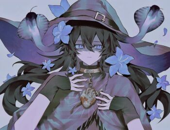 1boy azure_(forsaken) black_gloves black_hair blue_flower capelet closed_mouth dark eyes_visible_through_hair fingerless_gloves flower forsaken_(roblox) gloves grey_capelet grey_hat hair_between_eyes hair_flower hair_ornament hat highres long_hair purple_eyes roblox snake snake_hair xiaohonghu56398