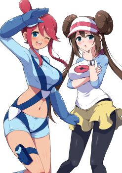 2girls :o ;d absurdres arm_under_breasts black_pantyhose blue_eyes blue_gloves blue_shorts blush breasts brown_hair crop_top cropped_jacket donut_hair_bun double_bun eggman_(ni_tamagoex) feet_out_of_frame fingernails gloves hair_bun hand_on_own_chin hat highres large_breasts long_hair long_sleeves looking_at_viewer midriff multiple_girls nail_polish navel nintendo one_eye_closed one_side_up open_mouth pantyhose pantyhose_under_shorts pink_nails poke_ball_print pokemon pokemon_bw pokemon_bw2 pouch raglan_sleeves red_hair rosa_(pokemon) salute shirt short_shorts shorts sidelocks simple_background skyla_(pokemon) smile sparkle standing stomach stroking_own_chin suspenders tan teeth thigh_pouch thigh_strap thighs three-quarter_sleeves turtleneck twintails upper_teeth_only visor_cap watch white_background white_hat wristwatch yellow_shorts