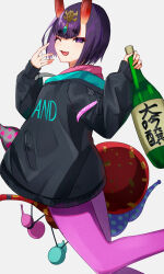 Rule 34 | 1girl, black sweater, bottle, breasts, eyeliner, fate/grand order, fate (series), gourd, headpiece, highres, hood, hooded sweater, horns, izanaware game, long sleeves, looking at viewer, makeup, one eye closed, oni, open mouth, pants, pink pants, purple eyes, purple hair, sake bottle, short hair, shuten douji (fate), shuten douji (under the same sky) (fate), skin-covered horns, small breasts, smile, solo, sweater, yoga pants