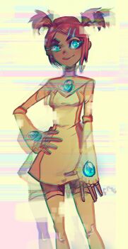 1girl artist_request blue_eyes dark_skin dress hair_ornament hairclip red_hair sari_sumdac thighhighs transformers transformers_animated twintails zettai_ryouiki