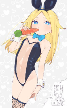 1girl alice_(moyori) animal_ears blonde_hair blue_bow blue_bowtie blue_eyes bow bowtie bright_pupils carrot chibi computer detached_collar fake_animal_ears female_focus fishnet_thighhighs fishnets flat_chest hair_flaps heart heart_background highleg highleg_leotard highres laptop leotard loli long_hair looking_at_viewer moyori original phallic_symbol rabbit_ears see-through_clothes see-through_leotard solo strapless strapless_leotard thighhighs translated white_pupils wrist_cuffs