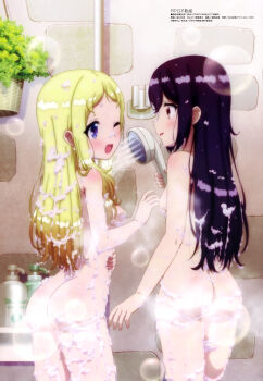 2girls absurdres ass bathing blonde_hair blue_eyes blush brown_eyes censored convenient_censoring hanging_plant highres holding holding_shower_head long_hair looking_at_another megami_magazine multiple_girls nude official_art one_eye_closed open_mouth purple_hair rakira_(rpg_fudousan) rpg_fudousan rufuria_(rpg_fudousan) shower_head smile soap_bottle soap_bubbles soap_censor standing steam stone_wall taniguchi_motohiro wall wet yuri