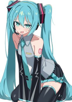 1girl bare_shoulders black_boots black_skirt black_sleeves blue_eyes blue_hair blue_necktie blush boots collarbone collared_shirt commentary cowboy_shot detached_sleeves double-parted_bangs grey_shirt hair_between_eyes hatsune_miku headset highres long_hair long_sleeves looking_at_viewer maud0239 miniskirt necktie number_tattoo open_mouth pleated_skirt shirt shoulder_tattoo sidelocks simple_background sitting skirt sleeveless sleeveless_shirt solo sweatdrop tattoo thigh_boots thighhighs tie_clip twintails very_long_hair vocaloid white_background zettai_ryouiki
