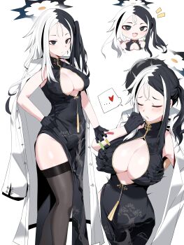 1boy 1girl absurdres black_dress black_gloves black_thighhighs blue_archive blush breasts china_dress chinese_clothes cleavage cleavage_cutout clothing_cutout coat coat_on_shoulders collage dress gloves grabbing_another's_breast grabbing_from_behind groping halo hand_under_clothes heart hetero highres kai_(blue_archive) large_breasts looking_at_viewer multicolored_hair multiple_views plentyofempty sensei_(blue_archive) side_slit simple_background sleeveless sleeveless_dress split-color_hair spoken_heart thighhighs white_background white_coat