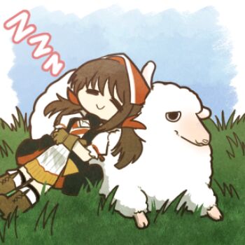 1girl animal blue_sky boots brown_boots brown_gloves brown_hair c: chibi chibi_only closed_eyes closed_mouth commentary day dress english_commentary falcon_(girls'_frontline) fold-over_boots girls'_frontline gloves grasslands headscarf long_hair low_twintails lowres lying lying_on_animal madcore no_eyebrows on_grass outdoors own_hands_together puffy_short_sleeves puffy_sleeves red_headscarf sheep short_sleeves sky sleeping smile solo twintails white_dress zzz