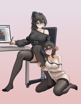 2girls absurdres alter_kamerade bare_arms bare_shoulders black_hair black_nails black_shirt black_thighhighs blue_hair blue_streaks bra_strap breasts brown_hair chair cleavage closed_mouth collarbone commentary commission fingernails full_body glasses gradient_background gradient_hair hair_between_eyes high_ponytail highres holding holding_another&#039;s_leg holding_pen huge_breasts legs looking_at_another midriff mole mole_under_mouth multicolored_hair multiple_girls nail_polish navel nipples no_shoes on_chair original panties parted_lips pen pink_background ponytail see-through_clothes see-through_shirt shirt sidelocks simple_background single_bare_shoulder sitting thighhighs thighs underwear white_background white_panties white_shirt