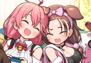 2girls 35p_(sakura_miko) :3 ahoge animal_ears bell bow_hairband breasts brown_hair brown_pantyhose cleavage clothing_cutout commentary_request controller detached_sleeves dog_ears forehead fur-trimmed_sleeves fur_trim game_controller hair_ornament hair_pulled_back hairband hairclip holding holding_controller holding_game_controller hololive hood hooded_vest hoodie inugami_korone jingle_bell joy-con large_breasts listener_(inugami_korone) low_twintails multiple_girls neck_bell o-ring_collar open_mouth pantyhose pink_hair pink_hairband pink_vest sabaku_chitai sakura_miko shoulder_cutout smile tears translation_request twintails vest virtual_youtuber