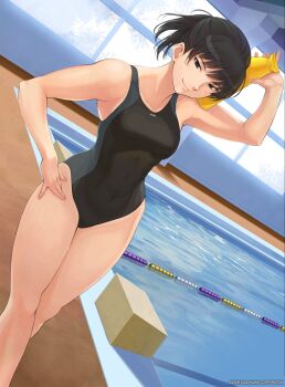 1girl amagami arm_up black_eyes black_hair black_one-piece_swimsuit blue_one-piece_swimsuit breasts closed_mouth collarbone commentary_request competition_swimsuit copyright_notice covered_navel cowboy_shot dutch_angle hand_on_own_hip highres horn_speaker indoors looking_at_viewer medium_breasts merchandise_available official_art one-piece_swimsuit pool poolside short_hair skindentation smile solo standing swimsuit takayama_kisai third-party_source tsukahara_hibiki two-tone_one-piece_swimsuit