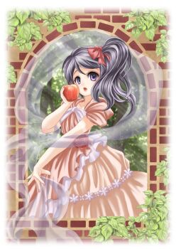 1girl apple bow bowtie brick_wall collarbone comiket_78 commentary_request cosplay dress fishnet_sleeves fishnets food fruit hagoromo hair_bow hand_up highres holding holding_food holding_fruit long_hair ootake_tomoko open_mouth original outstretched_arm pink_dress plant puffy_short_sleeves puffy_sleeves purple_bow purple_bowtie purple_eyes red_bow shawl short_sleeves side_ponytail snow_white_(fairy_tale_character) snow_white_(fairy_tale_character)_(cosplay) solo standing swept_bangs vines window