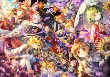 222neko 6+girls animal_ears apron ascot bird_ears black_hairband black_hat black_shirt black_vest blonde_hair blue_bow blue_dress blue_eyes blue_hair blue_vest bow bow_(music) braid brown_dress brown_hair brown_hat capelet carrot_necklace cherry_blossoms cirno closed_eyes closed_mouth collared_shirt commentary_request crescent crescent_hat_ornament detached_sleeves detached_wings dress epaulettes fairy fairy_wings falling_petals floppy_ears flower frilled_bow frilled_hair_tubes frilled_hat frills gohei green_bow green_eyes green_hair grey_hair hair_bobbles hair_bow hair_ornament hair_ribbon hair_tubes hairband hakurei_reimu hat hat_bow hat_ornament highres holding holding_gohei holding_instrument holding_trumpet holding_violin ice ice_wings inaba_tewi instrument izayoi_sakuya jewelry kazami_yuuka keyboard_(instrument) kirisame_marisa konpaku_youmu lantern lily_white long_hair long_sleeves looking_at_viewer lunasa_prismriver lyrica_prismriver maid maid_headdress medicine_melancholy medium_hair merlin_prismriver multiple_girls music mystia_lorelei necklace one_eye_closed onozuka_komachi open_clothes open_mouth open_vest paper_lantern pendant petals phantasmagoria_of_flower_view pinafore_dress pink_dress pink_hat pink_petals pink_vest plaid_clothes plaid_skirt plaid_vest playing_instrument puffy_short_sleeves puffy_sleeves purple_ascot purple_bow rabbit_ears rabbit_girl red_bow red_eyes red_hat red_ribbon red_skirt red_vest reisen_udongein_inaba ribbon ribbon-trimmed_dress ribbon-trimmed_sleeves ribbon_trim scythe shameimaru_aya shiki_eiki shirt short_sleeves siblings side_braid single_braid sisters skirt skirt_set sleeveless sleeveless_dress smile su-san sunflower tokin_hat touhou trumpet twin_braids two_side_up vest violin waist_apron white_capelet white_dress white_hat white_shirt wide_sleeves winged_hat wings witch_hat yellow_ascot yellow_eyes yellow_flower