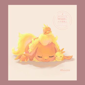 =_= absurdres alternate_color animal_focus bird closed_eyes closed_mouth flareon fuju1012 gen_1_pokemon gen_3_pokemon highres lying neck_fur nintendo no_humans on_head on_stomach orange_fur pokemon pokemon_(creature) pokemon_focus pokemon_on_head shiny_pokemon simple_background sleeping tail torchic yellow_fur