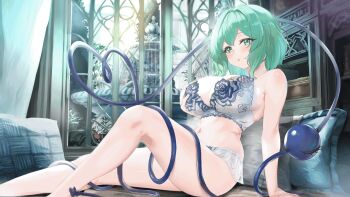 1girl alternate_costume animated animated_gif blinking blue_bra bra breasts cleavage commentary_request disembodied_linked_eye eyeball floral_print_bra fountain grabbing_own_breast green_eyes green_hair heart heart_of_string highres indoors komeiji_koishi large_breasts looking_at_viewer looping_animation medium_hair missing_headwear navel pillow sitting solo stomach thighs touhou underwear underwear_only yamataka