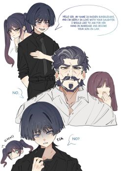 2boys 2girls ^^^ alternate_costume aqua_eyes asymmetrical_bangs bangs_pinned_back beard behind_another belt black_belt black_hair black_pants black_shirt blunt_bangs blunt_ends blush choppy_bangs closed_mouth collarbone collared_shirt contemporary couple covering_own_mouth disembodied_head english_text eyelashes faceless faceless_female facial_hair family fingernails formal_clothes genshin_impact glaring goatee gradient_hair green_eyes grey_eyes grey_necktie hair_between_eyes hand_on_own_chest hand_over_own_mouth head_tilt hetero highres imminent_fight jitome long_hair looking_at_viewer loose_necktie mona_(genshin_impact) multicolored_hair multiple_boys multiple_girls mustache necktie nervous_sweating open_hand open_mouth original pants pectoral_cleavage pectorals pink_hair scaramouche_(genshin_impact) shaded_face shirt sleeves_rolled_up smile speech_bubble sweat swept_bangs teeth tsk tsurime twintails white_background white_mouth white_shirt ysnden