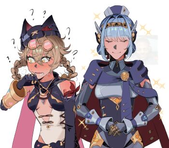 2girls ? android animal_ear_headwear animal_ears arm_at_side bare_shoulders blue_hair blush braid braided_hair_rings breasts brown_hair bvbu cape center_opening closed_eyes closed_mouth commentary confused detached_sleeves drooling english_commentary eyewear_on_head fake_animal_ears fang genshin_impact hair_between_eyes hair_rings hand_up hat hickey highres ineffa_(genshin_impact) jahoda_(genshin_impact) joints leotard looking_to_the_side mechanical_arms messy_hair metal_skin mouth_drool multiple_girls nose_blush open_mouth own_hands_together pink-tinted_eyewear prosthesis prosthetic_arm robot robot_ears robot_girl robot_joints round_eyewear single_mechanical_arm skin_fang small_breasts smile sparkle sunglasses sweat tinted_eyewear upper_body wide-eyed x_hat_ornament yellow_eyes
