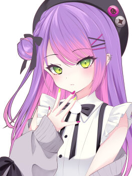 1girl arm_up badge barbell_piercing beret black_bow black_bowtie black_hat blush bow bowtie braid button_badge buttons cardigan cardigan_partially_removed closed_mouth collared_shirt colored_inner_hair demon_girl ear_piercing floating_hair frilled_shirt frills green_eyes green_nails grey_cardigan hair_bow hair_bun hair_ornament hairclip hand_on_own_chin hat highres hncstk hololive industrial_piercing jirai_kei long_eyelashes long_hair looking_at_viewer multicolored_hair multicolored_nails official_alternate_costume open_cardigan open_clothes parallel_hairclips piercing pink_hair pink_nails pom_pom_(clothes) purple_hair raised_eyebrows shirt sidelocks simple_background single_sleeve_past_wrist sleeve_bow solo suspenders swept_bangs tokoyami_towa tokoyami_towa_(jirai_kei) two-tone_hair two-tone_nails virtual_youtuber white_background white_shirt x_hair_ornament