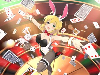 1girl :3 :d ace_(playing_card) ace_of_clubs ace_of_hearts ahoge animal_ear_hairband animal_ears armpits ball black_leotard black_shoes blonde_hair blue_eyes blush bow bowtie breasts card casino cleavage club_(shape) detached_collar eight_of_hearts fake_animal_ears fake_tail five_of_diamonds five_of_spades four_of_hearts four_of_spades frilled_thigh_strap frilled_wrist_cuffs frills green_eyes grey_vest hair_between_eyes hairband heart heavy_lens_flare heterochromia high_heels highleg highleg_leotard jack_(playing_card) jack_of_clubs_(playing_card) king_(playing_card) king_of_diamonds large_breasts lens_flare leotard looking_at_viewer medium_hair messy_hair nine_of_hearts ninto_(senran_kagura) non-circular_lens_flare official_alternate_costume official_art on_table open_mouth outstretched_arms pantyhose playboy_bunny playing_card pumps queen_(playing_card) queen_of_clubs rabbit rabbit_ear_hairband rabbit_ears rabbit_tail red_bow red_bowtie red_eyes red_scarf roulette roulette_table ryouna_(senran_kagura) scarf senran_kagura senran_kagura_new_link senran_kagura_shinovi_versus seven_of_spades shiny_skin shoes six_of_spades smile spade_(shape) sparkle spread_arms standing strapless strapless_leotard table tail ten_of_hearts thigh_strap three_of_clubs three_of_diamonds two-tone_vest vest white_vest white_wrist_cuffs wrist_cuffs yellow_trim