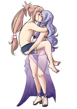 1boy 1girl assertive_female bikini blush breasts camilla_(fire_emblem) camilla_(tropical_beauty)_(fire_emblem) carrying carrying_person chignon cleavage cleft_of_venus closed_eyes feet fire_emblem fire_emblem_fates grey_hair hand_on_another&#039;s_ass kiss long_hair male_swimwear nintendo older_female_and_younger_male purple_hair sandals swim_trunks swimsuit takumi_(fire_emblem) trademaster1999 transparent_background wavy_hair