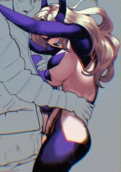 1boy 1girl blonde_hair bodysuit boku_no_hero_academia breasts clauschristmas domino_mask eye_mask hand_on_another&#039;s_waist highres hug large_breasts long_hair mask mount_lady multicolored_bodysuit partially_colored purple_bodysuit sex sweat unfinished