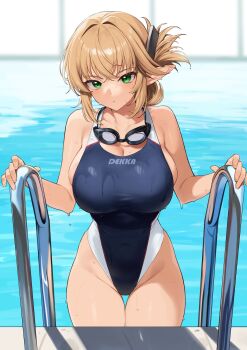 1girl absurdres aegis_(takunomi) bare_arms bare_shoulders blonde_hair blue_one-piece_swimsuit blush breasts cleavage collarbone commentary_request competition_school_swimsuit competition_swimsuit covered_navel elf enjo_kouhai folded_ponytail goggles goggles_around_neck green_eyes hair_intakes hair_ornament hairclip highleg highleg_one-piece_swimsuit highres large_breasts long_hair long_pointy_ears looking_at_viewer one-piece_swimsuit original parted_lips partially_submerged pointy_ears pool pool_ladder poolside school_swimsuit sidelocks skindentation solo standing swimsuit takunomi toned toned_female water wet wet_clothes wet_swimsuit