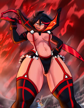 2girls black_hair blue_eyes breasts cameltoe kill_la_kill large_breasts mankanshoku_mako matoi_ryuuko multicolored_hair multiple_girls pic_chick_pic senketsu short_hair thick_thighs thighs wide_hips