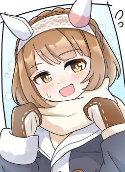 1girl absurdres animal_ears arnolddayo blunt_bangs blush breasts brown_eyes brown_hair hair_between_eyes hair_ornament hairband highres horse_ears horse_girl looking_at_viewer mittens open_mouth portrait scarf solo umamusume white_background winter_clothes yukino_bijin_(umamusume)