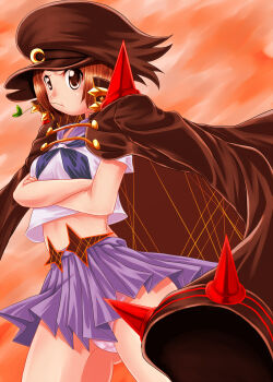 Rule 34 | 10s, 1girl, :t, alternate costume, banchou, brown eyes, brown hair, cape, crossed arms, delinquent, female focus, hat, highres, kill la kill, mankanshoku mako, midriff, mouth hold, nikkyz, peaked cap, school uniform, serafuku, skirt, solo, spikes, spoilers