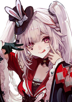 1girl black_gloves black_hat braid commentary_request diamond_(shape) diamond_facial_mark dress facial_mark gloves hat heart heart_facial_mark hinagi_kei honkai:_star_rail honkai_(series) long_hair mini_hat mini_top_hat red_dress red_eyes simple_background single_glove smile solo sparkle_(honkai:_star_rail) sparxie_(honkai:_star_rail) tongue top_hat twintails upper_body white_background white_hair