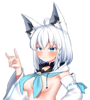 1girl ahoge animal_ear_piercing animal_ears aqua_eyes blue_neckerchief braid breasts closed_mouth commentary covered_erect_nipples dated_commentary detached_hood detached_sleeves double-parted_bangs fox_ears fox_girl fox_shadow_puppet hair_between_eyes highres hololive llxr18 looking_at_viewer medium_breasts neckerchief nipple_slip nipples shirakami_fubuki shirakami_fubuki_(1st_costume) side_braid simple_background solo upper_body virtual_youtuber wavy_mouth white_background white_hair white_sleeves wide_sleeves