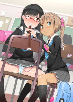 2girls aqua_eyes backpack bad_anatomy bad_id bad_pixiv_id bag black_hair black_socks blush bow brown_eyes brown_hair chair chalkboard classroom controller dark-skinned_female dark_skin desk egg_vibrator fang female_masturbation femdom flute glasses hair_bow instrument kneehighs loli lolidom looking_at_viewer masturbation multiple_girls naughty_face noripachi one_eye_closed original panties pantyshot pleated_skirt public_indecency public_vibrator pussy_juice pussy_juice_trail randoseru recorder school school_uniform serafuku sex_toy sitting sitting_backwards skirt socks spread_legs stealth_masturbation thighhighs twintails underwear upskirt vibrator vibrator_under_clothes vibrator_under_panties wet wet_clothes wet_panties wince yuri