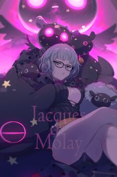 1girl baby_animal belt black_dress black_jacket blue_eyes breasts cleavage cropped_jacket dress echo_(circa) fate/grand_order fate_(series) glasses grey_hair hood hooded_jacket jacket jacques_de_molay_(foreigner)_(fate) jacques_de_molay_(foreigner)_(second_ascension)_(fate) lamb large_breasts long_sleeves looking_at_viewer open_clothes open_jacket sheep short_dress short_hair thighs