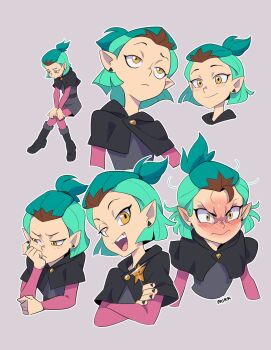 1girl amity_blight badge black_nails blush brown_hair closed_mouth crossed_arms earrings expressionless fingernails frown green_hair grey_background hair_slicked_back highres invisible_chair jewelry mikkusushi multicolored_hair nail_polish open_mouth outline pantyhose pointy_ears ponytail sheriff_badge short_hair signature simple_background sitting smile sweat teeth the_owl_house tongue upper_body upper_teeth_only white_outline yellow_eyes