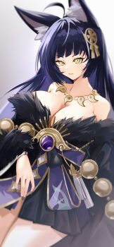 1152635131_(artist) 1girl absurdres ahoge animal_ear_fluff animal_ears azur_lane bare_shoulders beads black_kimono breasts chinese_commentary cleavage commentary_request facial_mark fox_ears fox_girl fur-trimmed_kimono fur_trim gem highres japanese_clothes jewelry kimono kitsune large_breasts long_hair looking_at_viewer low_neckline magatama magatama_necklace musashi_(azur_lane) nail_polish necklace prayer_beads purple_gemstone purple_hair purple_nails slit_pupils solo very_long_hair whisker_markings yellow_eyes