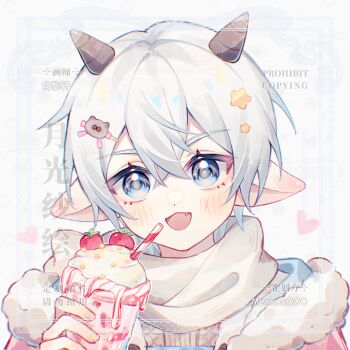1boy :d animal_ears bai_li_xuan blue_eyes blue_hair blush cup dot_nose double-parted_bangs drinking_straw food goat_boy goat_ears goat_horns hair_between_eyes highres holding holding_cup horns ice_cream looking_at_viewer male_focus open_mouth original portrait scarf short_hair smile solo white_background white_scarf