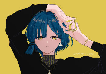 1girl absurdres arms_up black_shirt blue_hair bocchi_the_rock! bracelet commentary_request hair_ornament hairclip highres jewelry long_sleeves multiple_rings necklace parted_lips ring saltyacurry shirt short_hair simple_background solo turtleneck turtleneck_shirt yamada_ryo yellow_background yellow_eyes