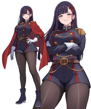 1girl ankle_boots anti-demon_corps_uniform arms_under_breasts belt black_boots black_jacket black_pantyhose black_shorts blunt_bangs boots breasts bright_pupils brown_belt cape commentary_request cowboy_shot crossed_arms epaulettes full_body gloves grin hair_ribbon hand_on_own_hip high_heel_boots high_heels highres ishinabe_art jacket large_breasts light_blush long_hair long_sleeves looking_at_viewer mato_seihei_no_slave military_uniform multiple_views open_mouth pantyhose purple_eyes purple_hair red_cape red_ribbon ribbon short_shorts shorts simple_background smile solo standing white_background white_gloves white_pupils yamashiro_ren