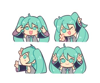 1girl :3 absurdres arm_up blue_eyes blue_hair chibi chibi_only collared_shirt commentary cropped_torso detached_sleeves double_v english_commentary hatsune_miku highres long_hair long_sleeves multiple_views necktie o3o one_eye_closed open_mouth paranoid_ghosts shirt sleeveless sleeveless_shirt smile twintails v vocaloid