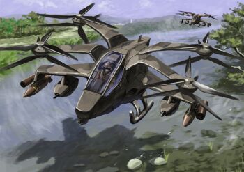 aircraft blue_sky camouflage commentary_request gun headset helmet highres machine_gun military_vehicle missile missile_pod mountainous_horizon original outdoors pilot quadcopter river science_fiction sky tyokugekidato weapon woodland_camouflage