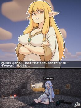 2girls :o absurdres animal artist_name blonde_hair breasts chat_log clenched_teeth commentary covered_erect_nipples crossed_arms earrings elf frieren game_screenshot_background grey_hair highres jewelry large_breasts long_hair long_sleeves meme minecraft minecraft_pickaxe minecraft_sheep_fucker_(meme) multiple_girls object_insertion pickaxe pointy_ears screenshot_background serie_(sousou_no_frieren) sheep sitting sousou_no_frieren srbready teeth torn_clothes untranslatable_commentary