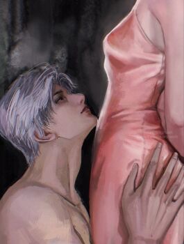 1boy 1girl bare_arms bare_shoulders breasts couple dress earthsrirshaart grey_hair hand_on_another&#039;s_hip hetero highres looking_at_another love_and_deepspace medium_breasts parted_bangs parted_lips pink_dress protagonist_(love_and_deepspace) short_hair sleeveless sleeveless_dress sylus_(love_and_deepspace) topless_male