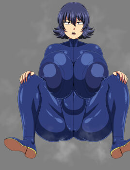Rule 34 | 1girl, amazon (taitaitaira), blue bodysuit, blue hair, bodysuit, breasts, colorized, covered erect nipples, from behind, frontal view, grey background, huge breasts, izumi (amazon), multicolored hair, open mouth, orange eyes, short hair, simple background, solo, spread legs, steaming body, streaked hair, swept bangs, tagme, the wreck of the spaceship todoroki, thick thighs, thighs, wide hips