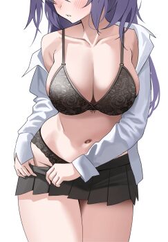 1girl absurdres black_bra black_panties black_skirt blue_archive blush bra breasts cleavage collarbone commentary_request cowboy_shot eyes_out_of_frame head_out_of_frame highres kudo_0802 lace lace_bra lace_panties large_breasts lingerie long_hair long_sleeves microskirt navel off_shoulder open_clothes open_shirt panties parted_lips pleated_skirt purple_hair shirt simple_background skirt solo standing stomach underwear undressing white_background white_shirt yuuka_(blue_archive)