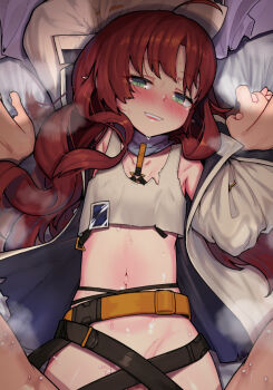1boy 1girl ahoge arknights blue_scarf blush bottomless convenient_censoring covered_penetration cropped_shirt dated_commentary flat_chest green_eyes hetero holding_hands id_card interlocked_fingers jacket leonat loli long_hair looking_at_viewer lying myrtle_(arknights) navel on_back on_bed open_clothes open_jacket paid_reward_available parted_lips penis penis_peek pov red_hair scarf sex size_difference solo_focus stomach strap sweat tank_top teeth upper_teeth_only vaginal wavy_hair white_jacket white_tank_top