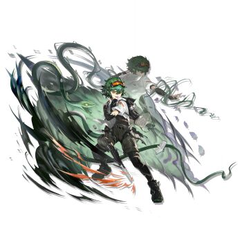 Rule 34 | 1boy, 1other, arknights, bags under eyes, baimudafeiyu, black boots, black gloves, black pantyhose, boots, elbow gloves, fingerless gloves, fluffy hair, full body, gloves, goggles, goggles on head, green hair, green snake, green tail, grey shorts, hair between eyes, hand on own shoulder, highres, holding, holding saw, holding weapon, id card, infection monitor (arknights), jacket, leaf, looking to the side, male focus, material growth, official art, orange eyes, oripathy lesion (arknights), pantyhose, pantyhose under shorts, parted lips, plant, pointy ears, short hair, short sleeves, shorts, simple background, smile, snake, snake tail, solo, standing, tachi-e, tail, teeth, third-party source, transparent background, verdant (arknights), very long tail, vines, weapon, white jacket