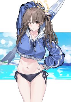 1girl absurdres arm_up bikini bikini_under_clothes black-framed_eyewear black_bikini black_ribbon blue_archive blue_hoodie blush breasts brown_eyes brown_hair closed_mouth commentary_request cropped_hoodie eyewear_hang hair_between_eyes hair_ribbon halo hand_on_own_hip highres hood hood_down hoodie inflatable_toy kazukingu large_breasts long_hair long_sleeves moe_(blue_archive) moe_(swimsuit)_(blue_archive) navel ribbon sidelocks solo swimsuit twintails unworn_eyewear