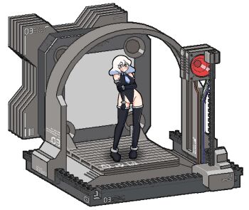 1girl acefish aqua_eyes bare_shoulders black_gloves black_leotard black_thighhighs blush breasts collared_leotard elbow_gloves fukouna_shoujo_03 full_body gloves highres leotard machine mary_(acefish) medium_breasts medium_hair meme original simple_background solo standing thighhighs white_background white_hair