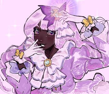 1girl absurdres arm_up ascot bow brooch dark-skinned_female dark_skin dress fascinator frilled_ascot frills glint glove_bow gloves glowing glowing_gem hand_to_own_mouth hand_up highres jacinthe_(pokemon) jewelry lipgloss long_hair looking_at_viewer louminesant low_drills mega_stone nintendo parted_lips pokemon pokemon_legends:_z-a purple_dress purple_eyes purple_hair smile solo sparkle sparkling_eyes upper_body very_dark_skin yellow_bow