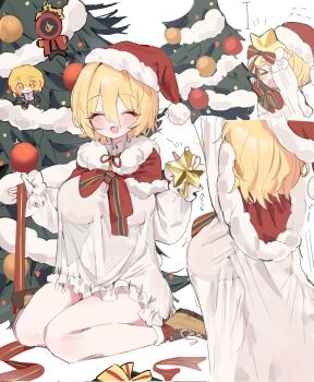 >_< 1girl :d ^_^ a73398190 blonde_hair blush breasts christmas christmas_ornaments christmas_tree closed_eyes dante_(limbus_company) don_quixote_(project_moon) dress fang hair_between_eyes highres large_breasts limbus_company multiple_views open_mouth project_moon see-through_clothes see-through_dress shoes short_hair sitting smile star_(symbol) white_dress