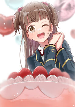 1girl absurdres balloon black_jacket blazer blurry blurry_background brown_eyes brown_hair cake comadori09 commentary_request food fruit gold_trim hair_bobbles hair_ornament heart_balloon highres jacket long_hair one_eye_closed open_clothes open_jacket open_mouth own_hands_clasped own_hands_together school_uniform shine_post shirt smile solo strawberry tamaki_kyouka teeth two_side_up white_shirt