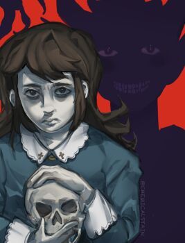 2boys abaddon_(demon)_(haunted_hotel) abaddon_(haunted_hotel) belt black_eyes black_hair blue_eyes blue_shirt chemicalstain cross demon demon_boy expressionless haunted_hotel highres horror_(theme) looking_at_viewer multiple_boys priest_(haunted_hotel) red_pupils shirt slit_pupils